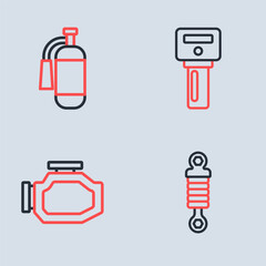 Fototapeta premium Set line Car key with remote, Check engine, Shock absorber and Fire extinguisher icon. Vector