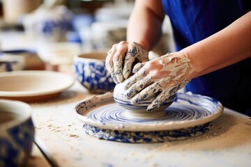 Fototapeta premium Hands molding a clay pot, with patterned ceramics in the background.