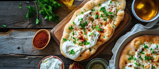 Naklejka premium Hungarian fried flatbread with sour cream and paprika on a wooden table in Budapest.