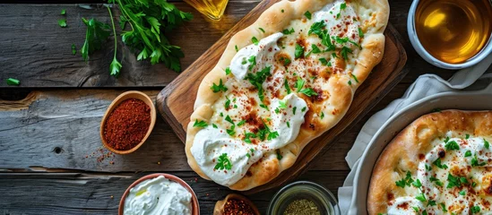 Tafelkleed Hungarian fried flatbread with sour cream and paprika on a wooden table in Budapest. © TheWaterMeloonProjec