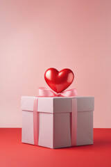 Gift box with red heart on pink background. Valentine's day concept.