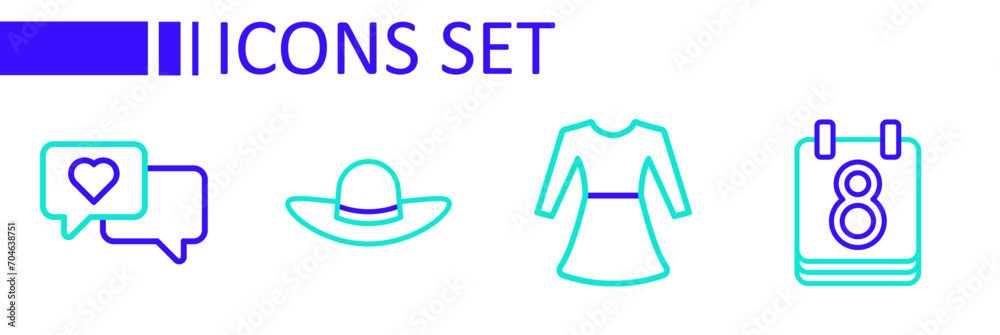 Poster Set line Calendar with 8 March, Woman dress, Elegant women hat and Heart in speech bubble icon. Vector