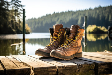 Hiking boots on wooden planks against a blurred lake and forest backdrop.