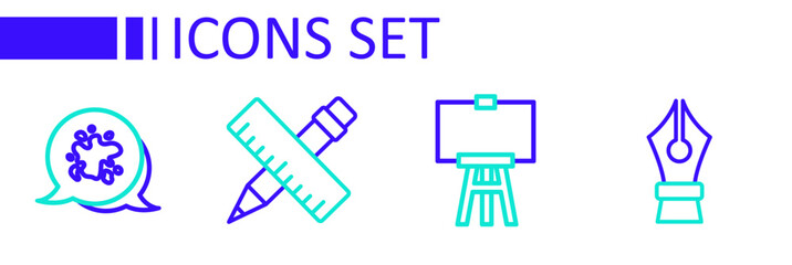 Set line Fountain pen nib, Wood easel, Crossed ruler and pencil and Paint spray icon. Vector