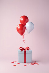 Gift box with red and white balloons on pastel pink background.