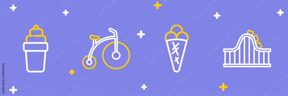 Canvas Prints Set line Roller coaster, Ice cream in waffle, Vintage bicycle and icon. Vector