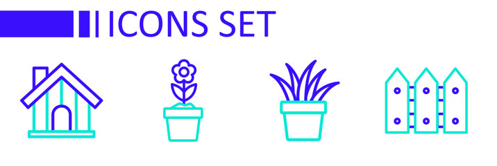 Set line Garden fence wooden, Plant in pot, Flower and Farm house icon. Vector
