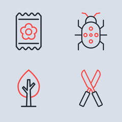 Set line Colorado beetle, Tree, Gardening scissors and Pack full of seeds icon. Vector