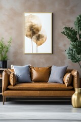 Brown leather sofa in a living room with a gold picture of leaves on the wall