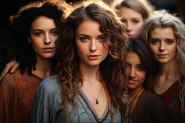 Obraz premium Diversity, beauty and portrait of a group of women in studio for skincare, makeup or cosmetic routine. Feminism, female empowerment and face of multicultural girl friends isolated by brown background
