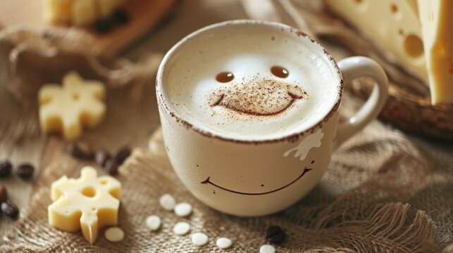  a cup of cappuccino with a smiley face drawn on it next to a piece of cheese on a table.