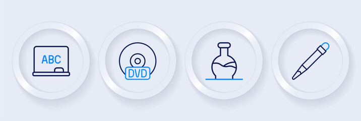 Set line Pencil with eraser, Test tube, CD or DVD disk and Chalkboard icon. Vector