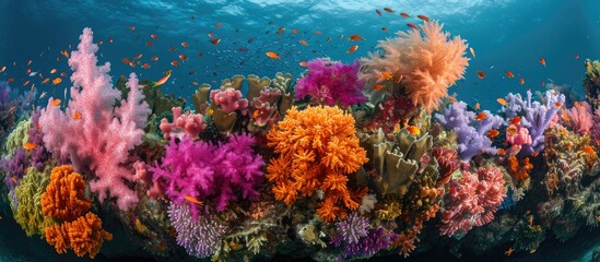 Soft corals compete for space on a diverse coral reef in Raja Ampat, Indonesia, one of Earth's most...