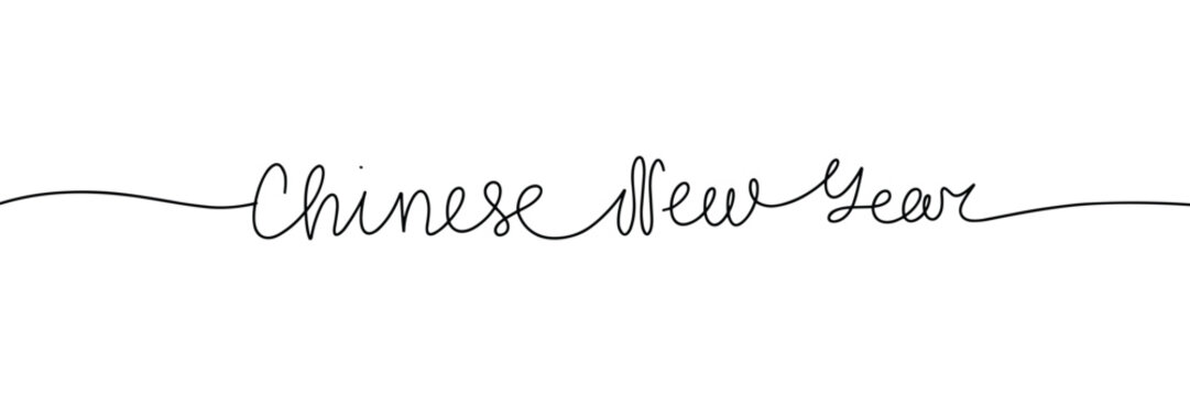 Chinese New Year one line continuous short phrase. Handwriting line art holiday text. Hand drawn vector art