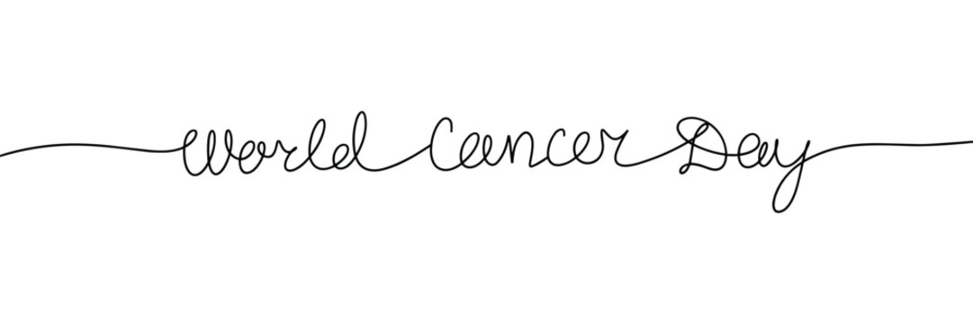 World Cancer Day one line continuous short phrase. Handwriting line art holiday text. Hand drawn vector art