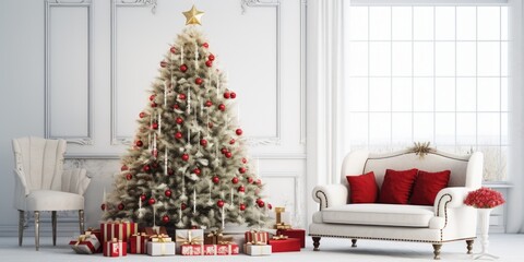 Festive living room with adorned Christmas tree