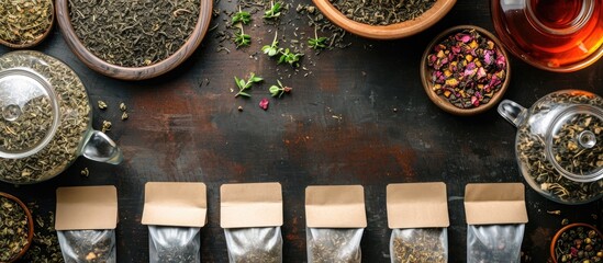 Arrange herbal tea bags and dried tea leaves with label in center of top view image, no logo.