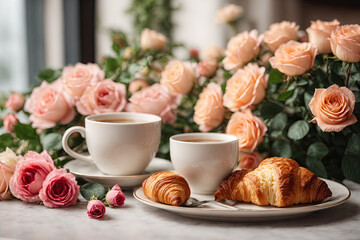 Two cups of coffee with croissants on a table in a cozy French cafe with a table setting of flowers and roses.