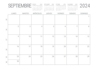 Septiembre Calendario 2024 Mensual para imprimir con numero de semanas A4