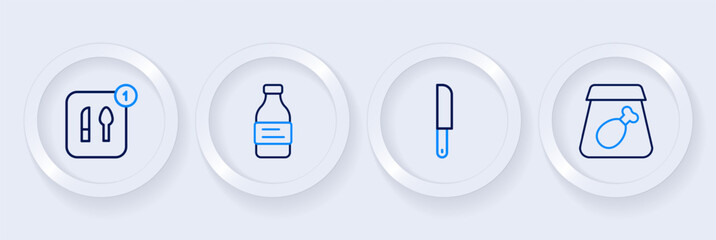 Set line Online ordering meal, Knife, Bottle of water and Food icon. Vector