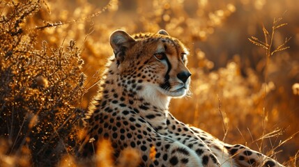 Fototapeta premium a close up of a cheetah sitting in a field of tall grass with a blurry sky in the background.