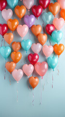 Colorful heart-shaped balloons on light blue background, flat lay.