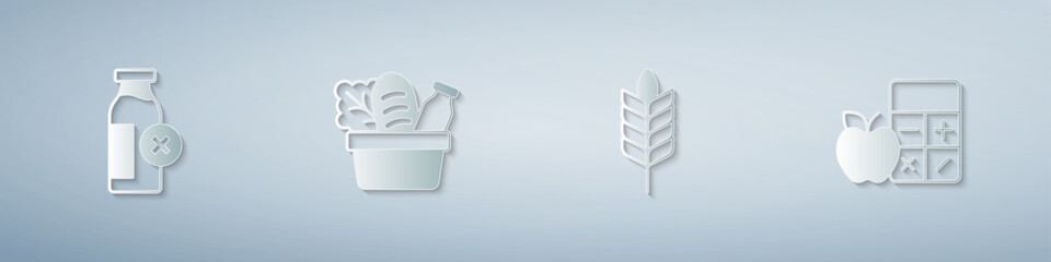 Set Lactose intolerance, Shopping bag and food, Wheat and Calorie calculator. Paper art style. Vector