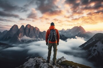 A man triumphantly stands atop a mountain peak, donning a backpack, A lonely man enjoys the view of the summer mountains while he standing on a mountain peak, AI Generated