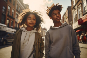 Two African - American teenagers in blank hoodies walking in city street. Mock up design template for hoodies and casual sportswear - obrazy, fototapety, plakaty