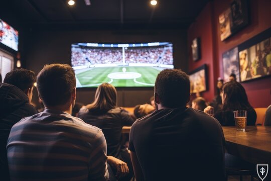 A lively group of people sitting at a bar, engrossed in watching a baseball game, Back view of woman athlete in sportswear doing stretching and warm up for hands outdoors on ocean beach, AI Generated