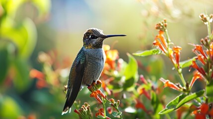 Fototapeta premium a small bird sitting on top of a plant with red flowers in the foreground and green leaves in the background.
