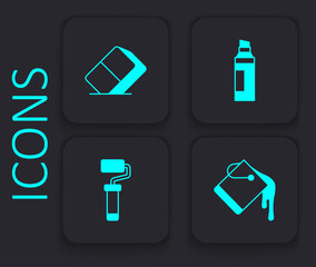 Set Paint bucket, Eraser or rubber, Marker pen and roller brush icon. Black square button. Vector