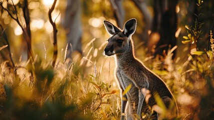  a close up of a kangaroo in a field of grass with trees in the background and sunlight coming through the leaves.