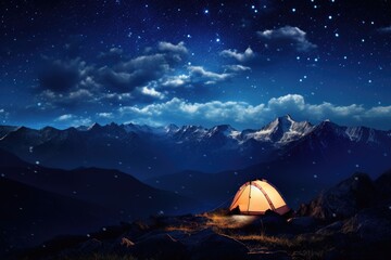 A solitary tent sits on a mountain, sheltering under the vast, star-studded night sky, Illusionary view of the internet illustrated as a boundless universe, AI Generated