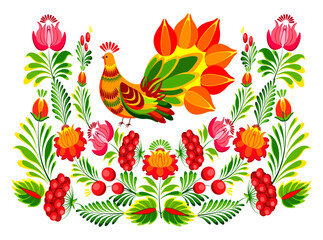 Vector illustration of Ukrainian Petrykivka painting isolated on white background. Petrykivka composition of the summer season with a fantastic bird, leaves, viburnum, flowers in a cartoon style.