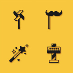 Set Pinwheel toy, Attraction carousel, Magic wand and Paper mustache stick icon with long shadow. Vector