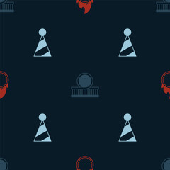 Set Circus fire hoop, Roller coaster and Party hat on seamless pattern. Vector