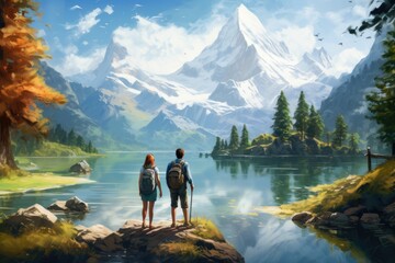 A breathtaking painting capturing the serenity of two individuals admiring a scenic mountain lake,...