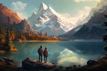 A tranquil painting capturing two individuals standing on a rock, gazing upon a serene mountain...