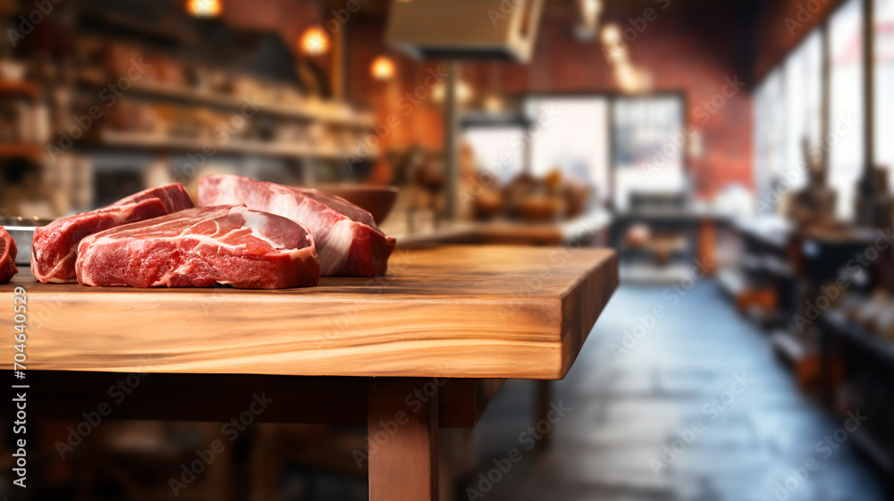 Wall mural Red meat on a table in a butcher shop, delicatessen advertising, traditional butchery and cured meat shop, fine food, steak house