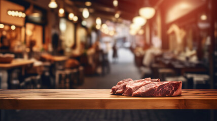 Red meat on a table in a butcher shop, delicatessen advertising, traditional butchery and cured meat shop, fine food - obrazy, fototapety, plakaty