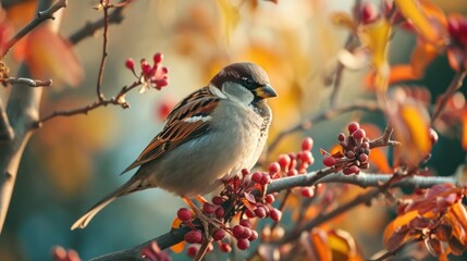  a bird sitting on a branch of a tree with red berries in the foreground and yellow leaves in the background.