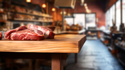 Red meat on a table in a butcher shop, delicatessen advertising, traditional butchery and cured meat shop, fine food, steak house - obrazy, fototapety, plakaty