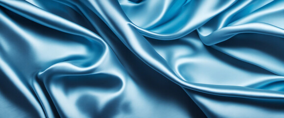 Beautiful blue silk satin background. Wavy soft folds. Elegant fabric background with copy space for design. Web banner. - obrazy, fototapety, plakaty