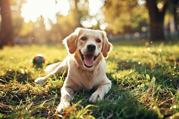 Happy labrador retriever outdoors lying on the grass in a park in the sunlight on a summer day. Dog playing with a ball