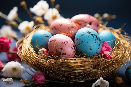 colored blue Easter eggs in nest top view background, selective focus image. Happy Easter card