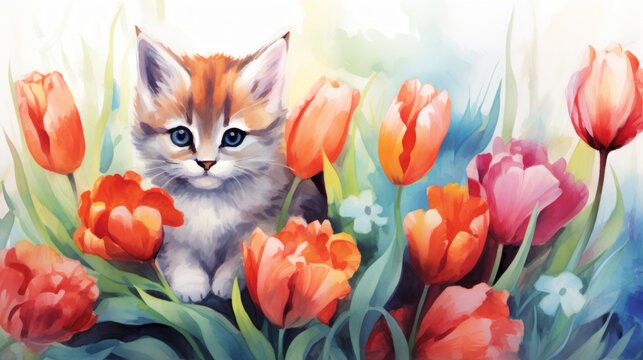 Cat beetwen colorful tulips as wallpaper background illustration in watercolor style
