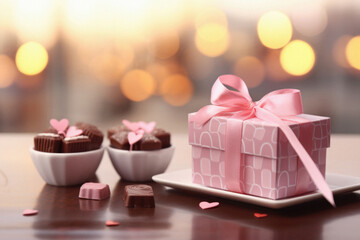 Chocolate candies with gift box on table, on light background.