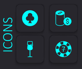 Set Casino chips, Playing card with clubs symbol, dollar and Wine glass icon. Black square button. Vector