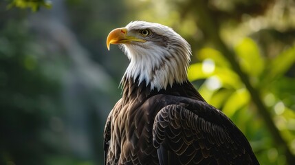 Fototapeta premium a close up of a bald eagle on a branch with a blurry background of trees and a body of water.